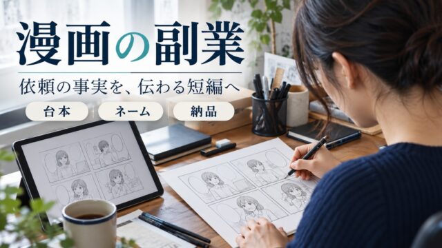 漫画の副業で、依頼の事実を伝わる短編へ整理する。台本・ネーム・納品。