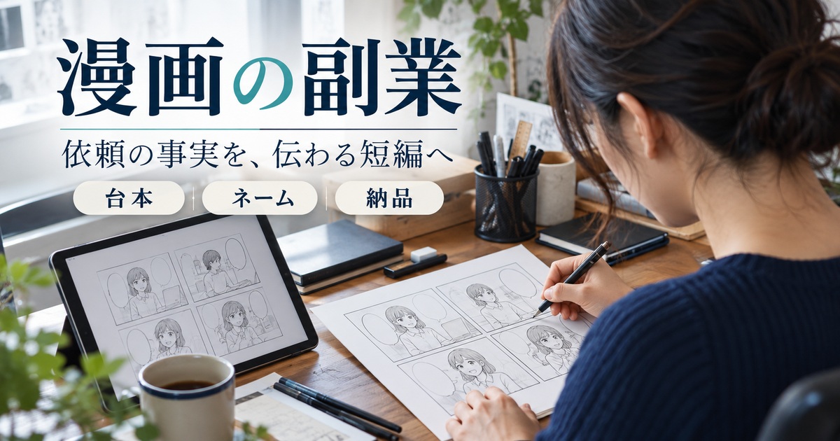 漫画の副業で、依頼の事実を伝わる短編へ整理する。台本・ネーム・納品。