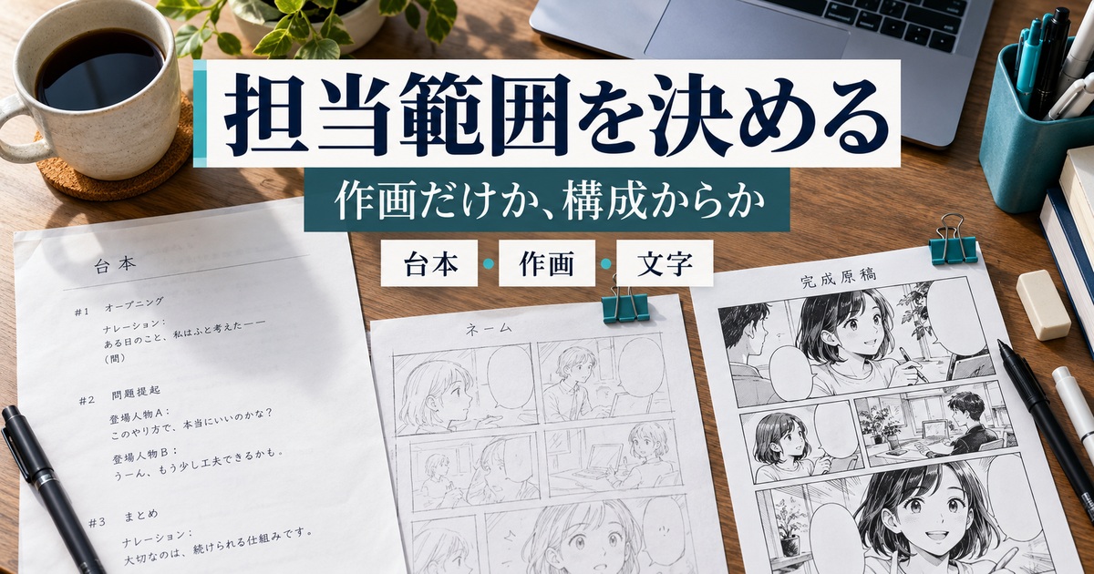 台本・作画・文字の担当範囲を決め、構成から受けるかを確認する。