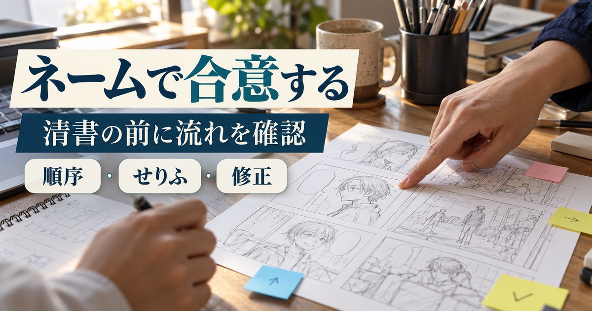 順序・せりふ・修正をネームで合意し、清書前に流れを確認する。