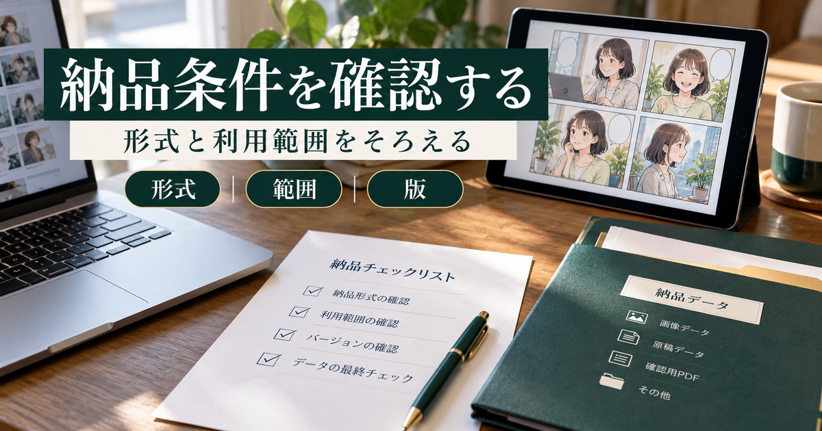 形式・利用範囲・版をそろえ、納品条件を確認する。