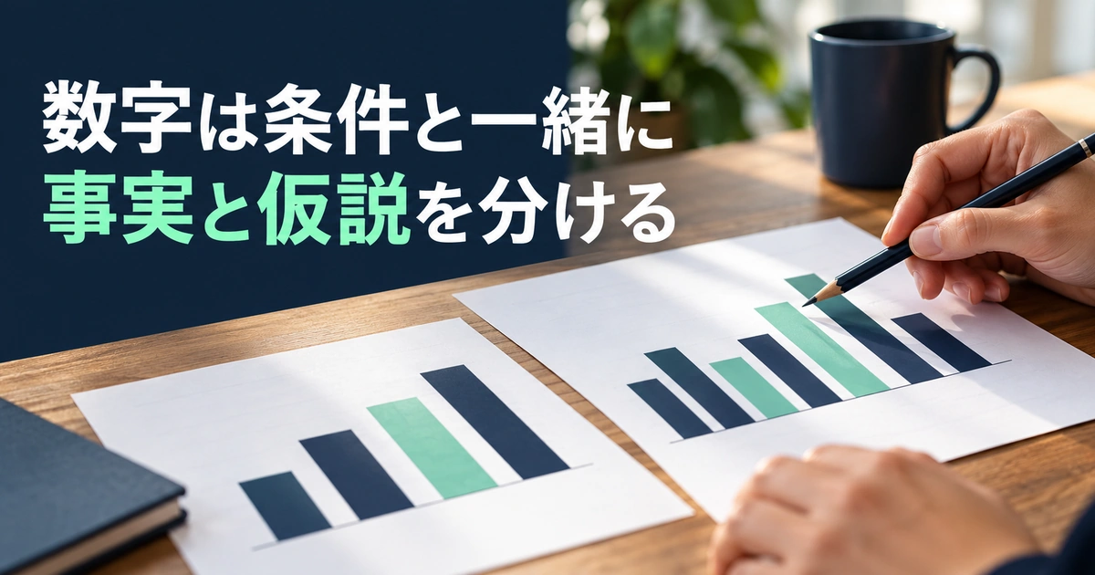 数字は条件と一緒に。事実と仮説を分けるを説明する生成イメージ