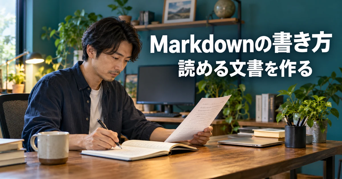 文章の構造と読みやすさを確認する男性の説明用生成画像