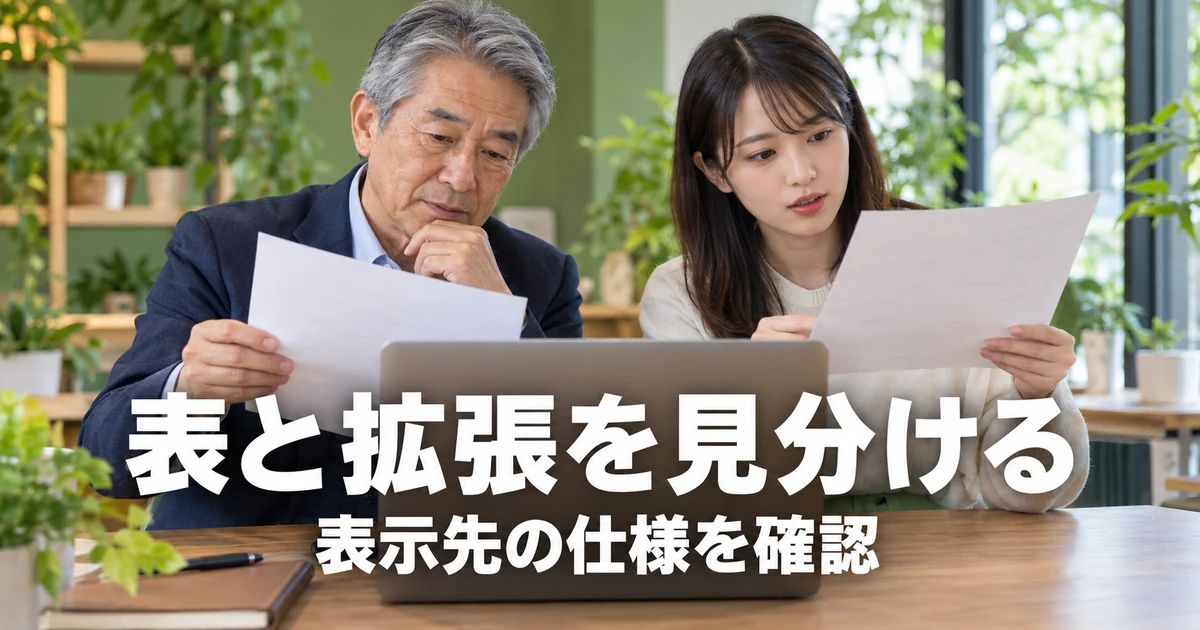 表示先による文書の違いを比較する二人の説明用生成画像