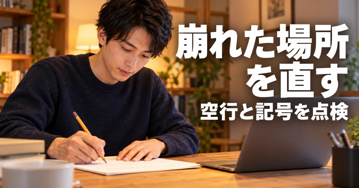 文書の空行と記号を点検する男性の説明用生成画像