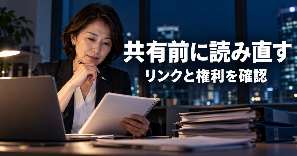共有前に参照先と文書内容を確認する女性の説明用生成画像