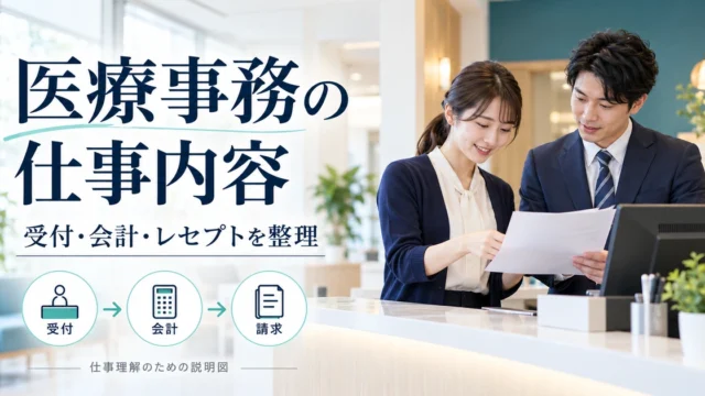 医療事務の受付・会計・請求のつながりを表した仕事理解の説明図。