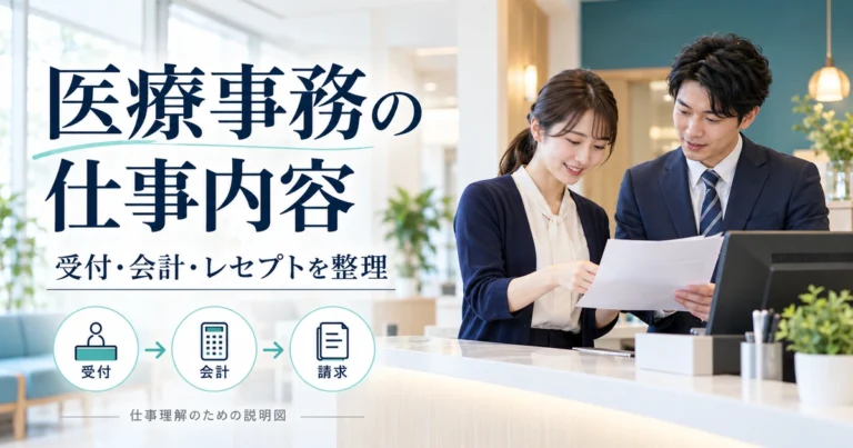 医療事務の受付・会計・請求のつながりを表した仕事理解の説明図。