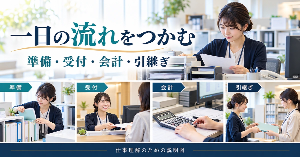 医療事務の準備から受付・会計・引継ぎまでを示す架空の一日の説明図。