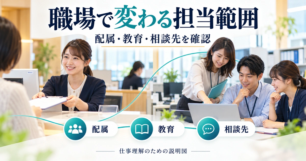 外来窓口と事務担当の分担や相談先を確認する仕事理解の説明図。
