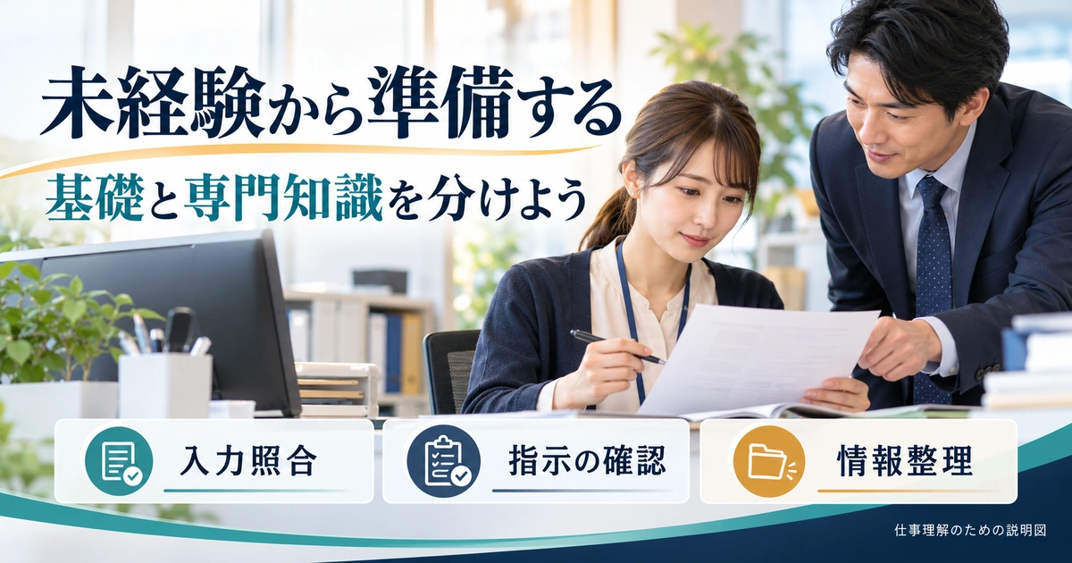 入力照合・指示の確認・情報整理の基礎を準備する未経験者向け説明図。