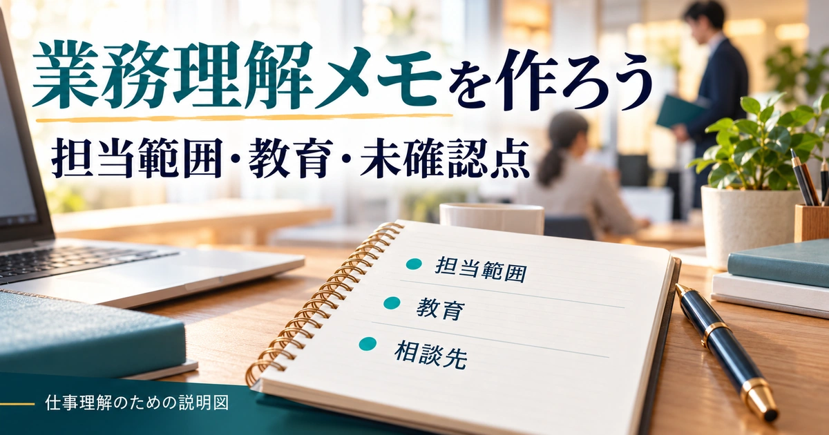 担当範囲や教育と未確認点を一枚にまとめる架空の業務理解メモ。