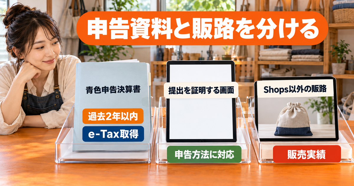 青色申告決算書、提出を証明する画面、Shops以外の販売実績を別々に準備する