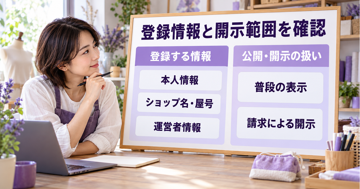 本人情報や屋号などの登録項目と、普段の表示や請求による開示を分けて確認する