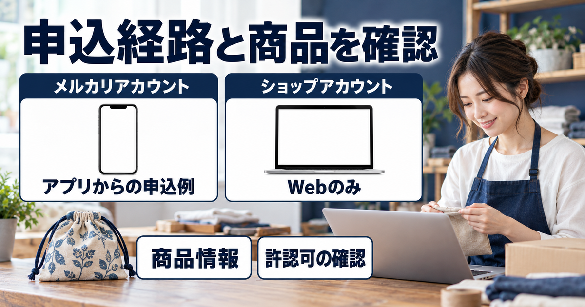 メルカリアカウントのアプリ申込例とショップアカウントのWeb経路、商品情報を確認する