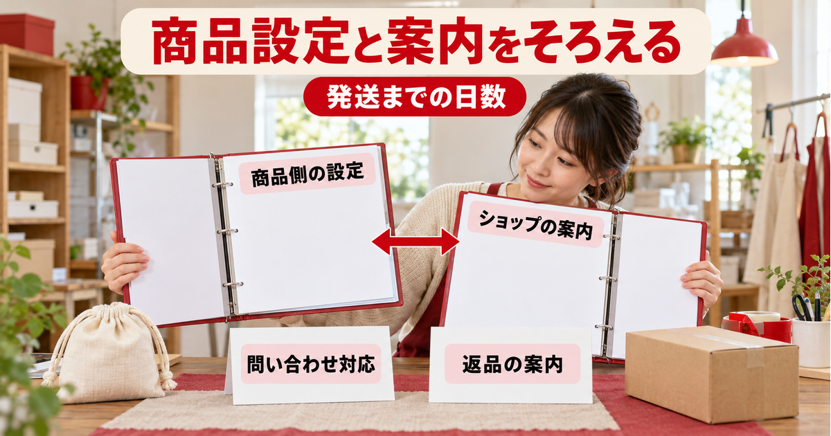 商品側の発送設定とショップの案内を比べ、問い合わせ対応や返品の説明も整える