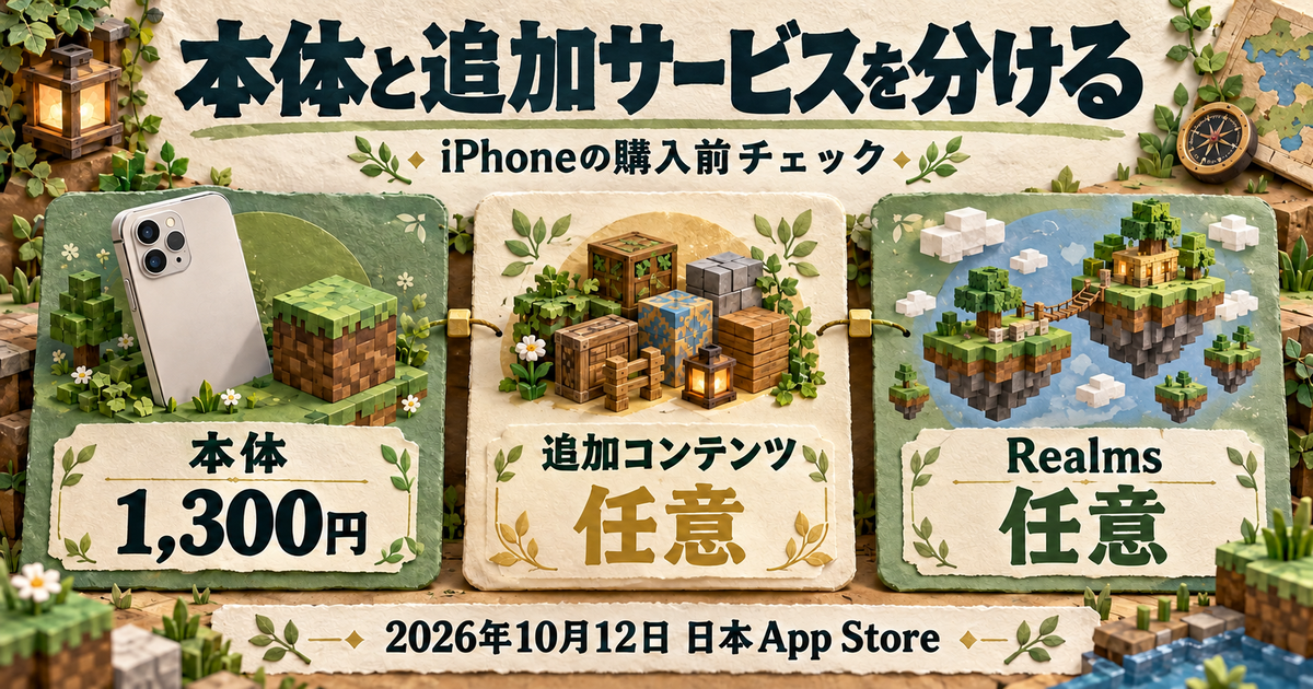 Minecraft本体購入と任意の追加コンテンツ・Realmsを分ける図
