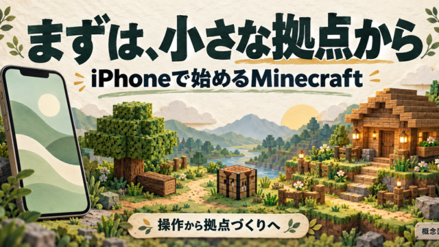 iPhoneで操作を覚え、木材から小さな拠点へ進む流れの概念図