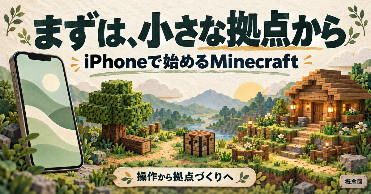 iPhoneで操作を覚え、木材から小さな拠点へ進む流れの概念図