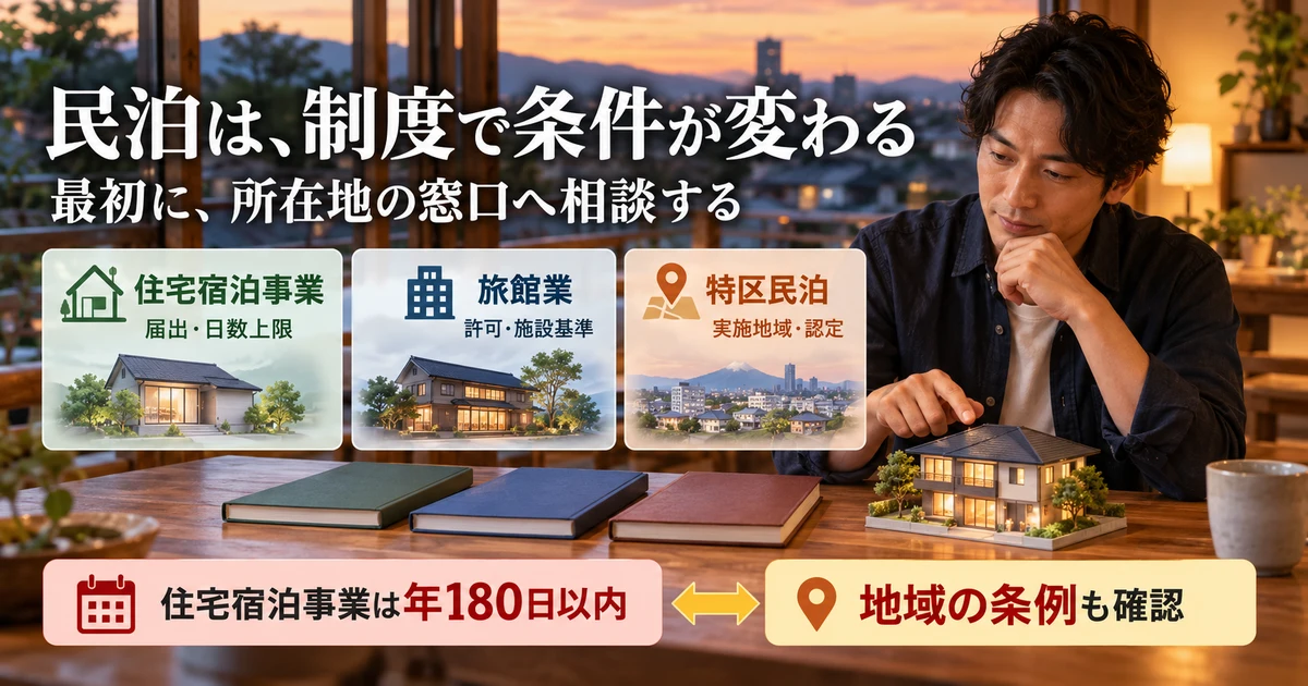 住宅宿泊事業、旅館業、特区民泊の違いと日数条件を整理する生成画像