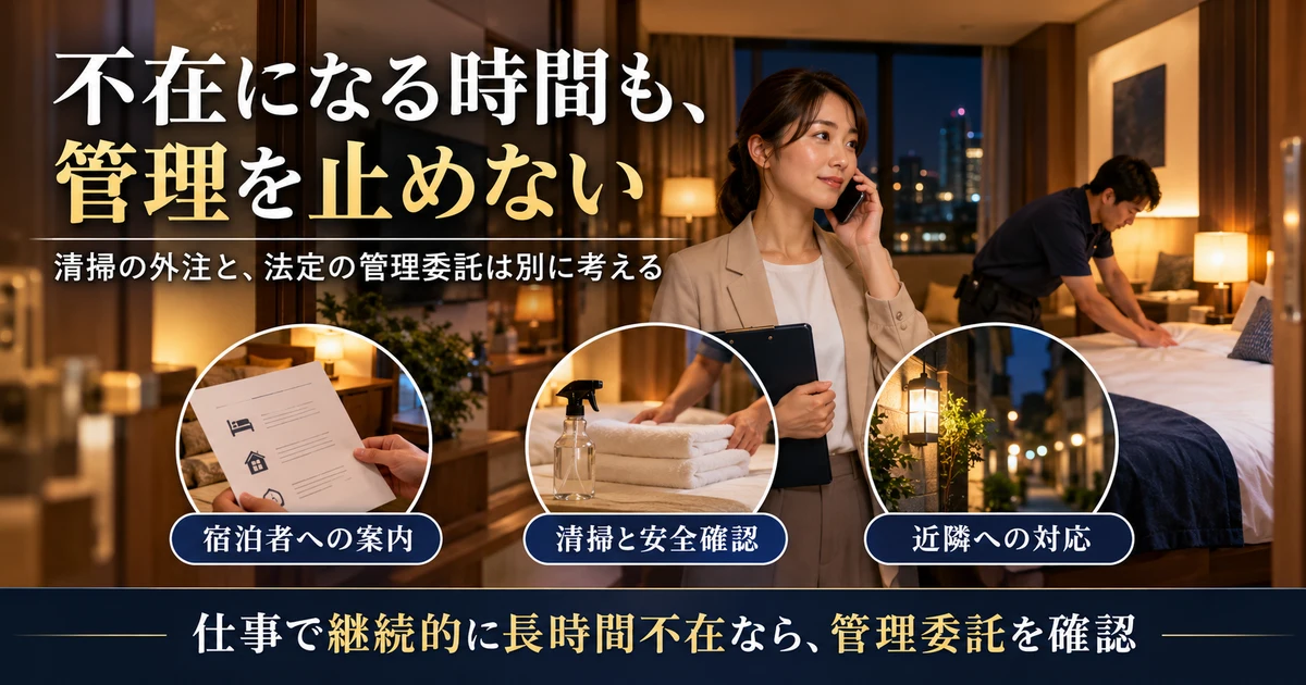 本業中の不在を含め、宿泊案内、清掃安全、近隣対応を整える生成画像