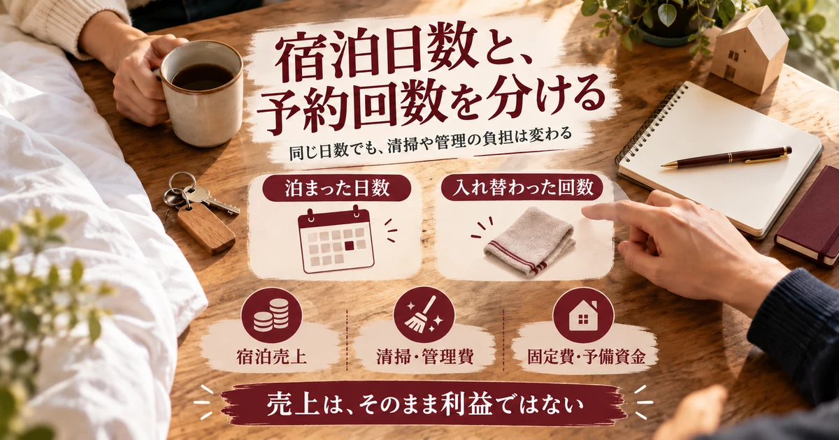 宿泊日数と予約の入替回数を分け、費用を含めて収支を見る生成画像