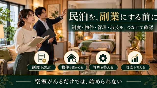 民泊の副業で制度、物件、管理、収支をつなげて確認する生成画像