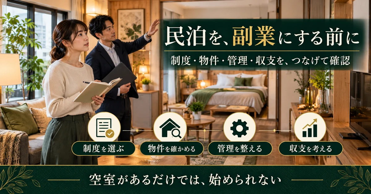 民泊の副業で制度、物件、管理、収支をつなげて確認する生成画像