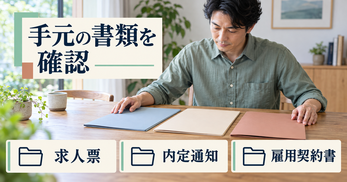求人票・内定通知・雇用契約書を分け、手元の書類を確認するイメージ