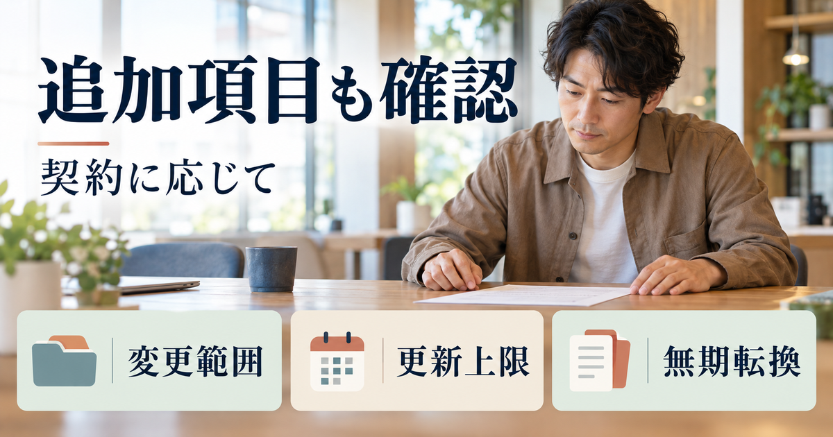 契約の種類や締結時期に応じて、変更範囲・更新上限・無期転換の明示項目を確認するイメージ