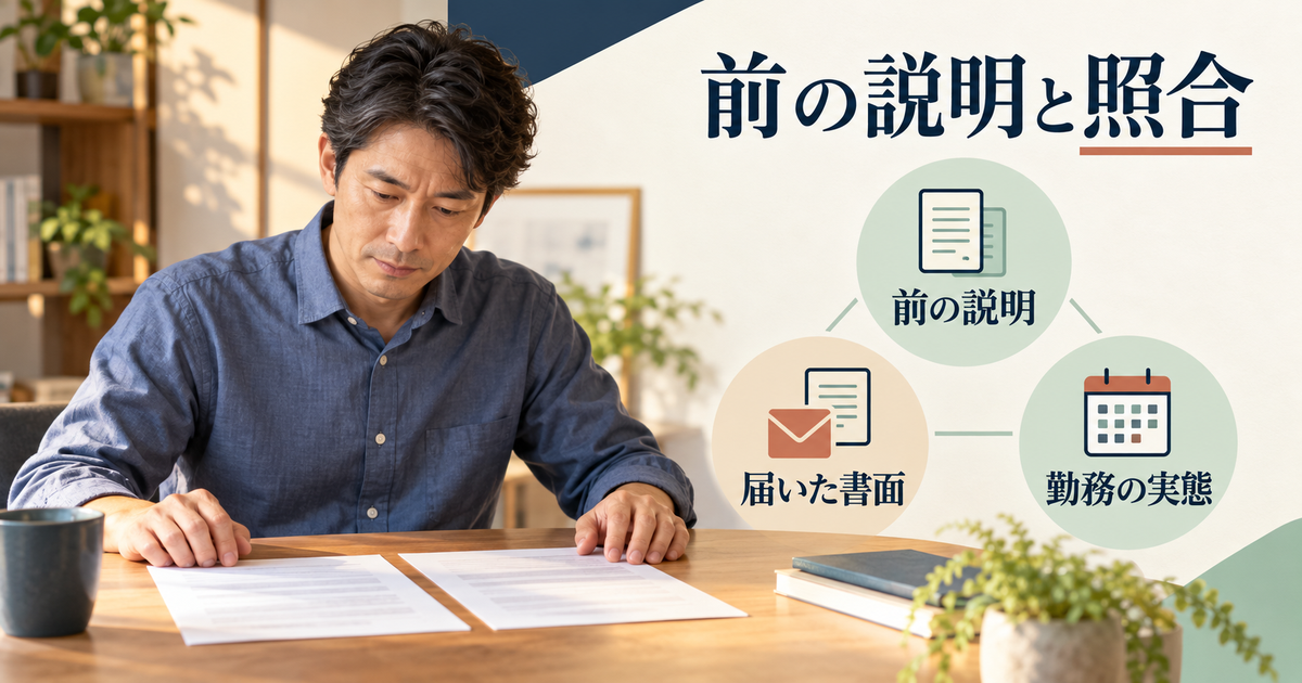 遅れて届いた労働条件の書面を、以前の説明や実際の勤務内容と照合するイメージ