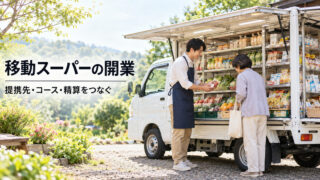 私有地を想定した架空の販売車と買物の場面。移動スーパーの開業イメージで、実在事業者や営業場所の適合を示しません
