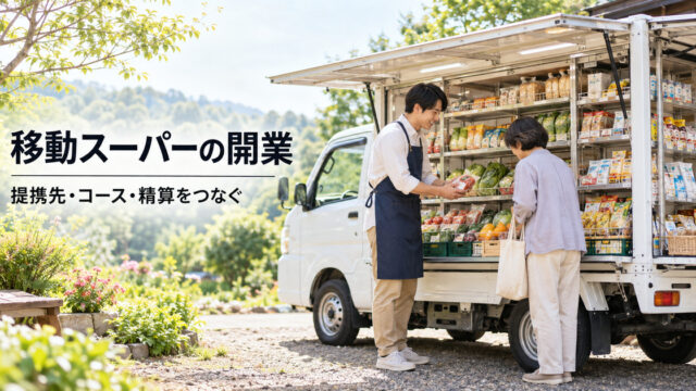 私有地を想定した架空の販売車と買物の場面。移動スーパーの開業イメージで、実在事業者や営業場所の適合を示しません