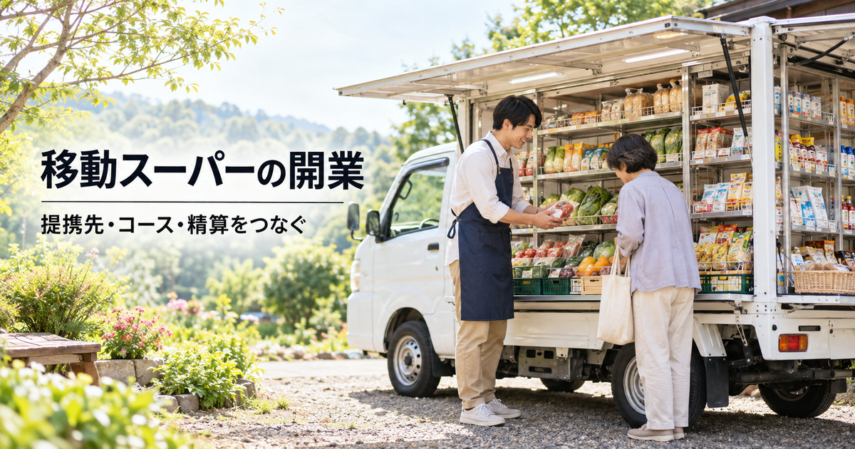 私有地を想定した架空の販売車と買物の場面。移動スーパーの開業イメージで、実在事業者や営業場所の適合を示しません