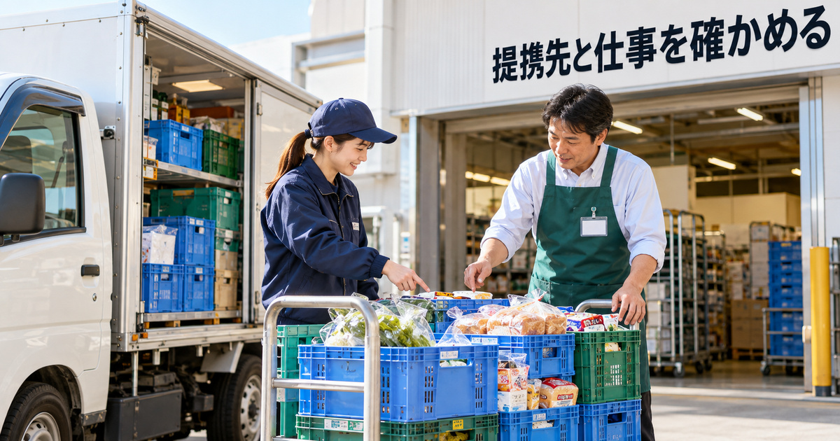 店側と販売担当が通い容器の商品を確かめる架空の受渡しイメージ。特定の契約条件や正しい積込方法の見本ではありません