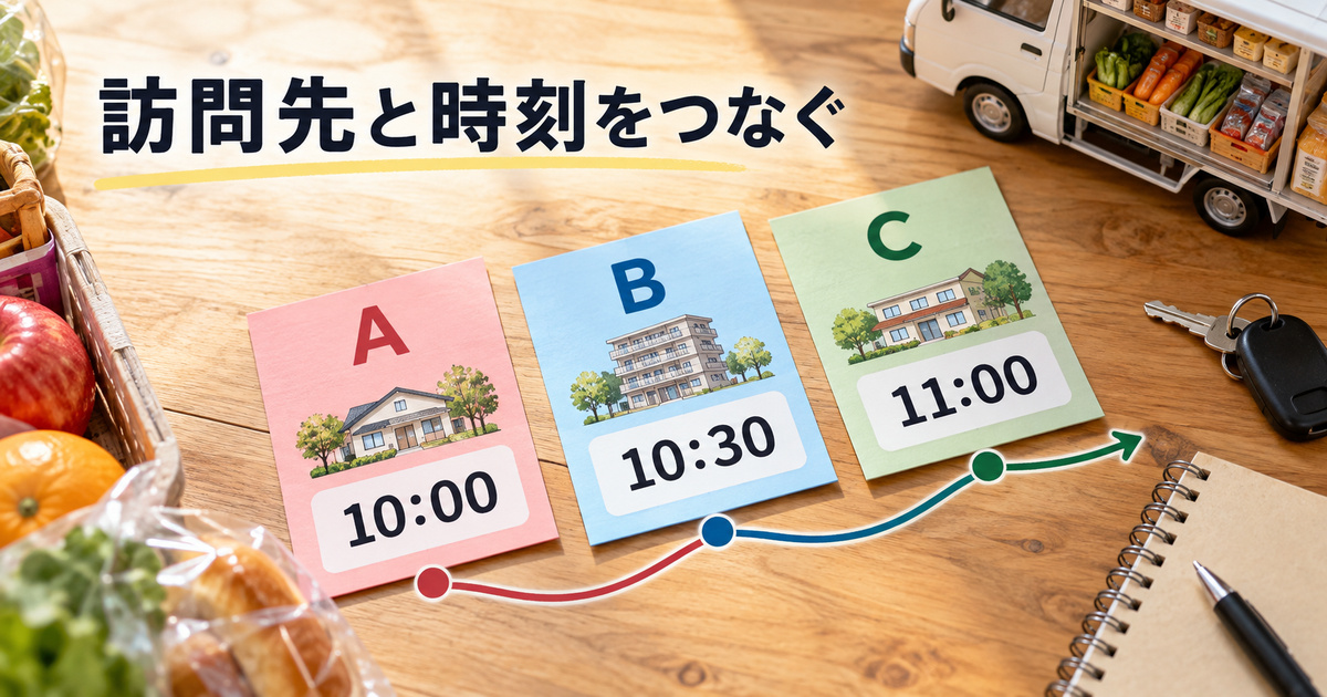 A10時・B10時30分・C11時の架空の訪問時刻を対応させた生成イメージ。実在道路の所要時間や安全なコースを示しません