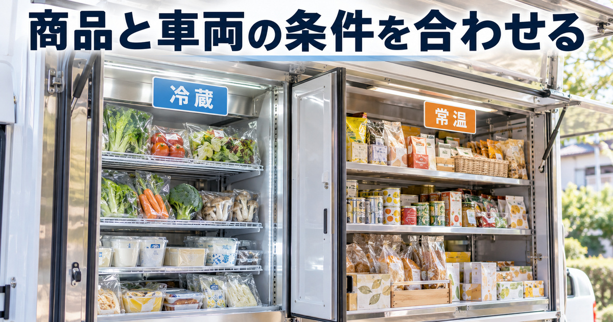 冷蔵区画と常温棚を分けた架空の販売車イメージ。表示された食品の保管適合や実設備の性能を認定するものではありません