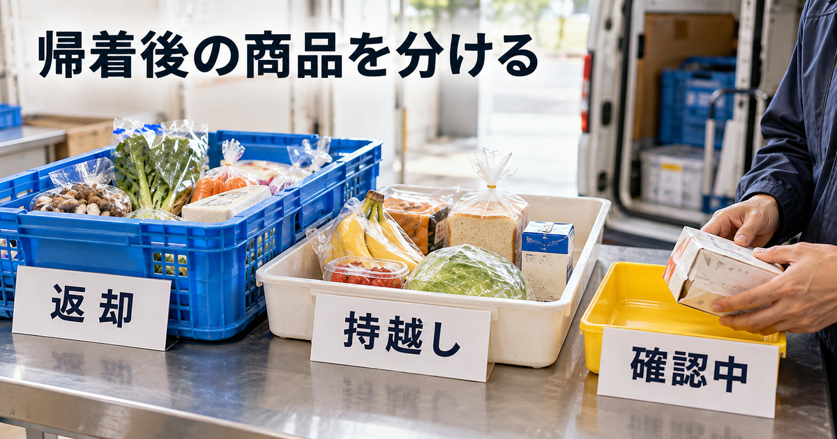 返却・持越し・確認中の行き先を分けた架空の帰着後イメージ。本文の数量図や食品の販売可否を判定する見本ではありません