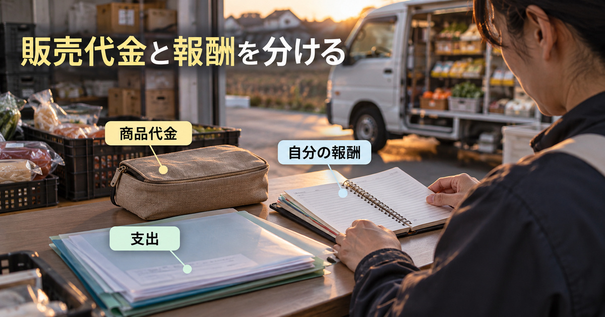 商品代金用ポーチと、自分の報酬・支出の記録を分けた架空の精算イメージ。実在の売上や報酬を示しません
