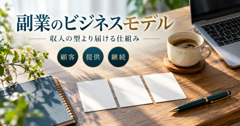 副業のビジネスモデル。収入の型より届ける仕組み。顧客・提供・継続の判断ポイント。