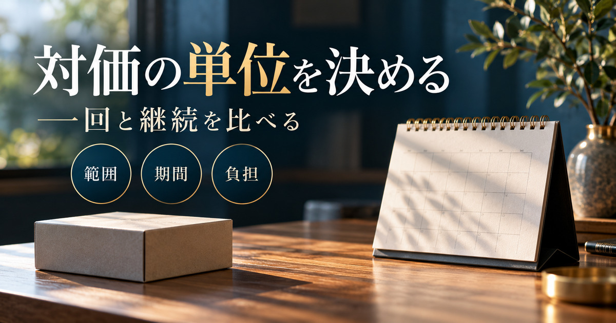 対価の単位を決める。一回と継続を比べる。範囲・期間・負担の判断ポイント。
