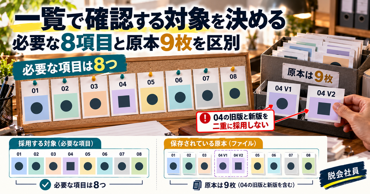 必要な8項目と旧新版を含む原本9枚を分ける図解