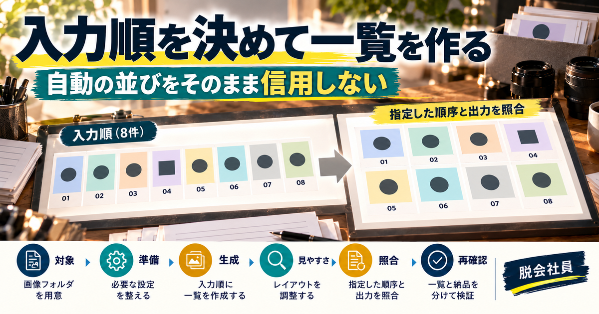 入力順01から08と一覧の配置順を照合する図解