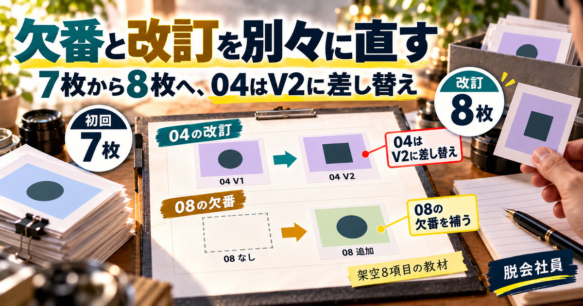 04のV1からV2への差替えと08の補完で7枚から8枚に直す図解