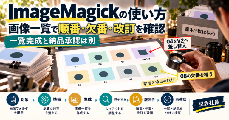 ImageMagickで架空8項目の一覧を確認し04改訂と08欠番を照合する写真調図解
