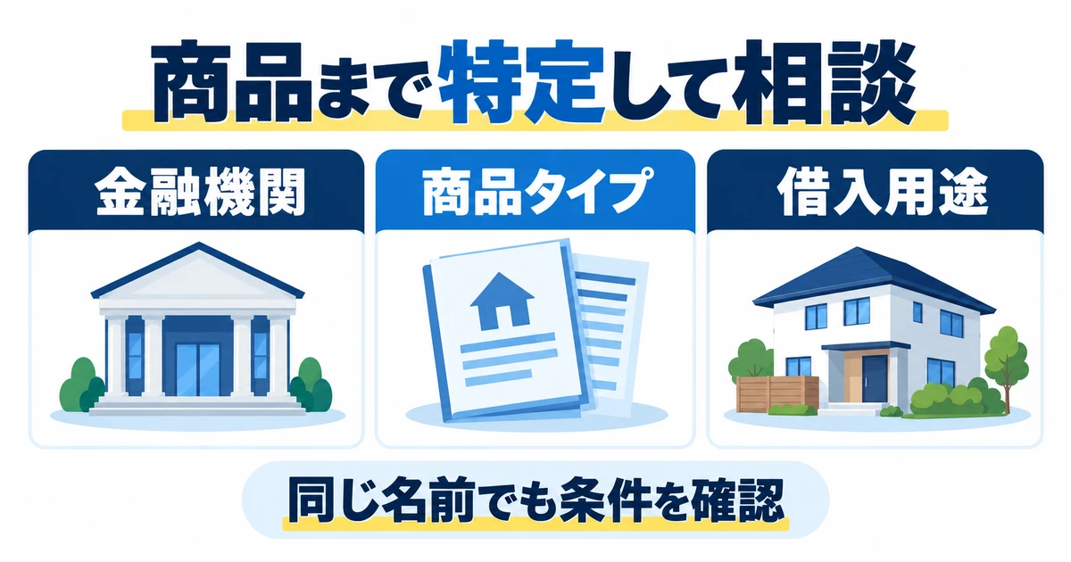 金融機関、商品タイプ、借入用途を特定して相談する図