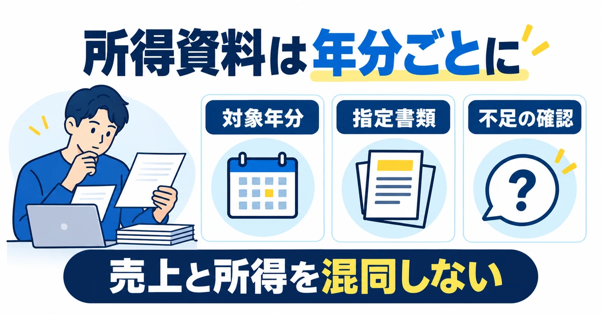 所得資料の対象年分、指定書類、不足を確認する図