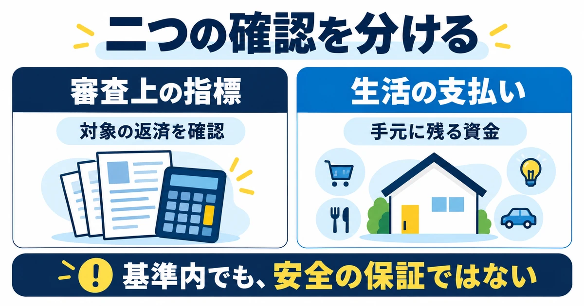 審査上の指標と生活の支払いを別々に確認する図