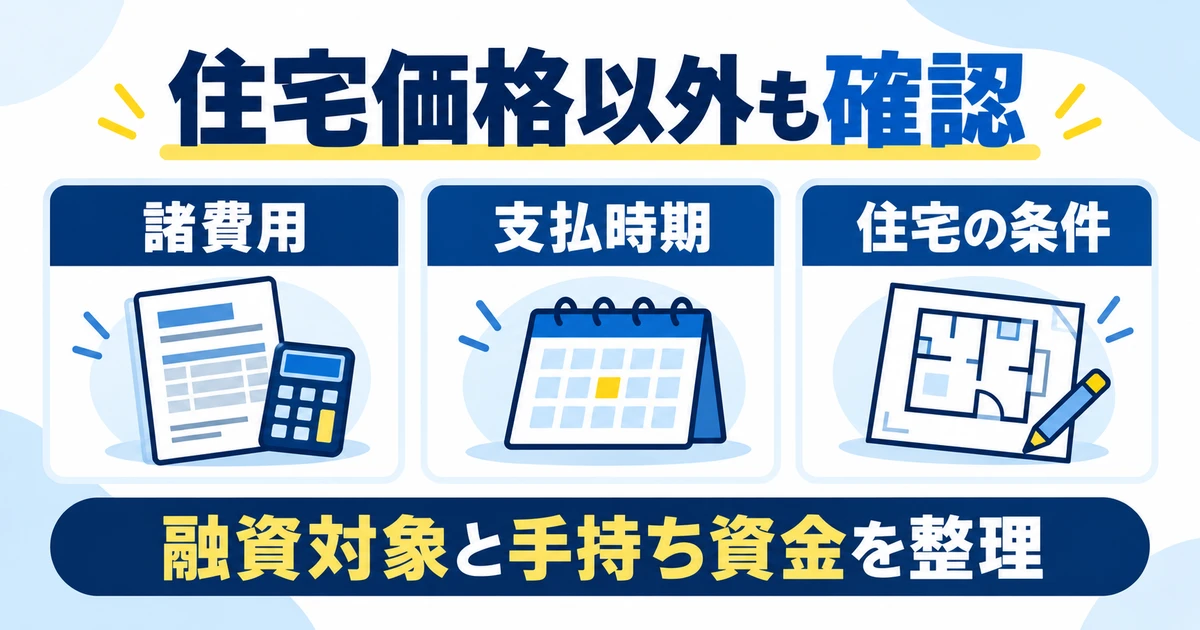 住宅取得の諸費用、支払時期、住宅の条件を整理する図