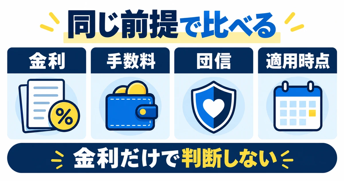 金利、手数料、団信、適用時点を同じ前提で比較する図